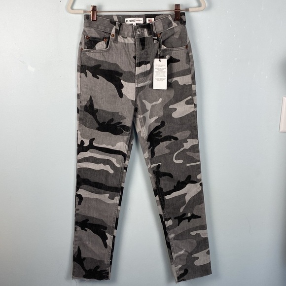 Re/Done High Rise Ankle Crop Stretch - Grey Camo Size 24 - Picture 4 of 11